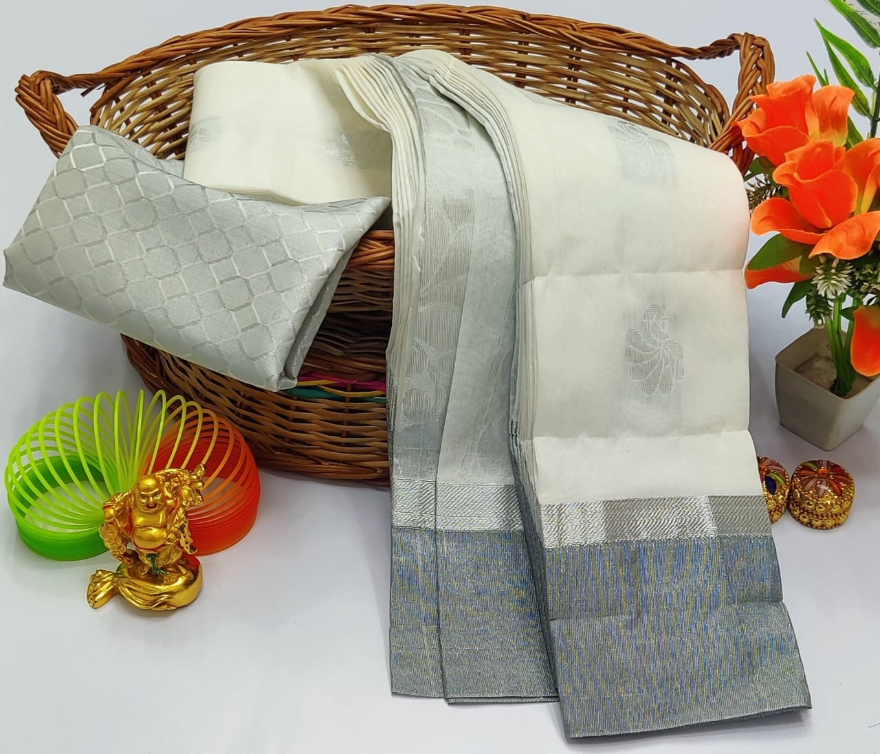 Silver Embroidery Cotton Saree