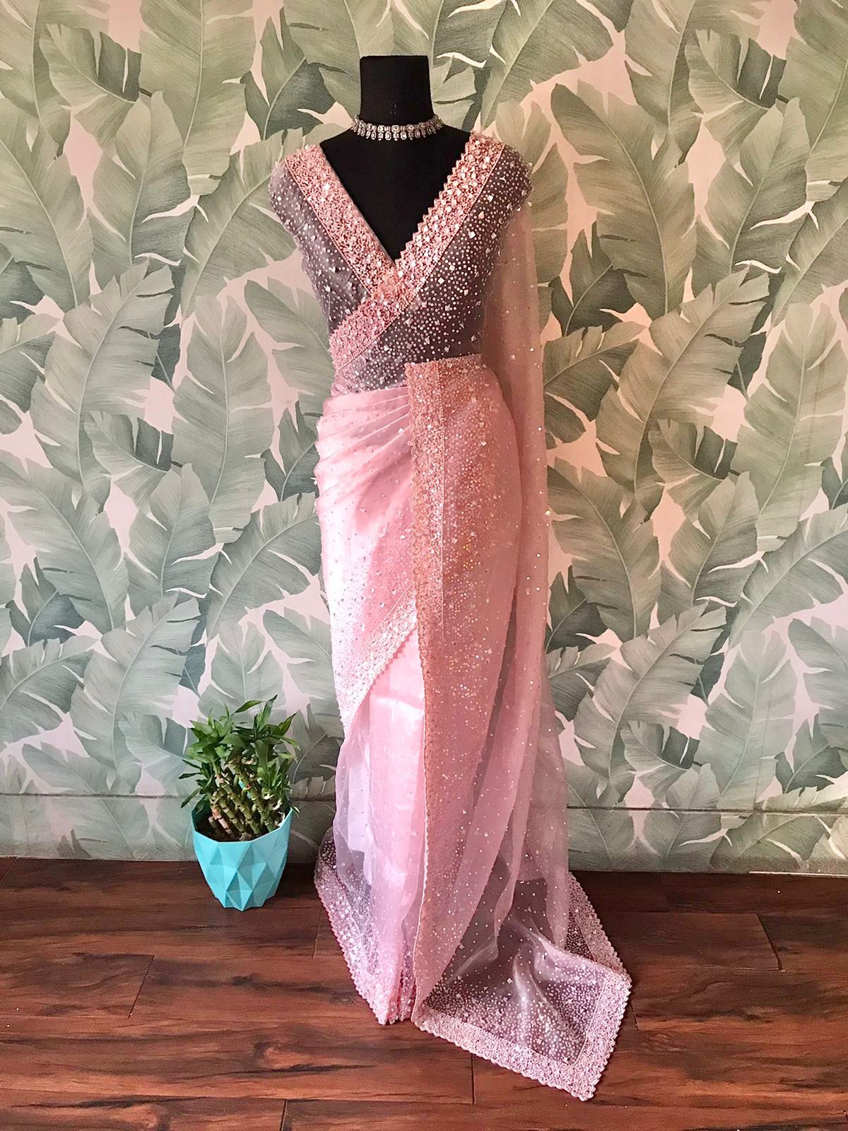 Organza Silk Saree, Pink Colour, full view, elegant bridal wear comes with blouse