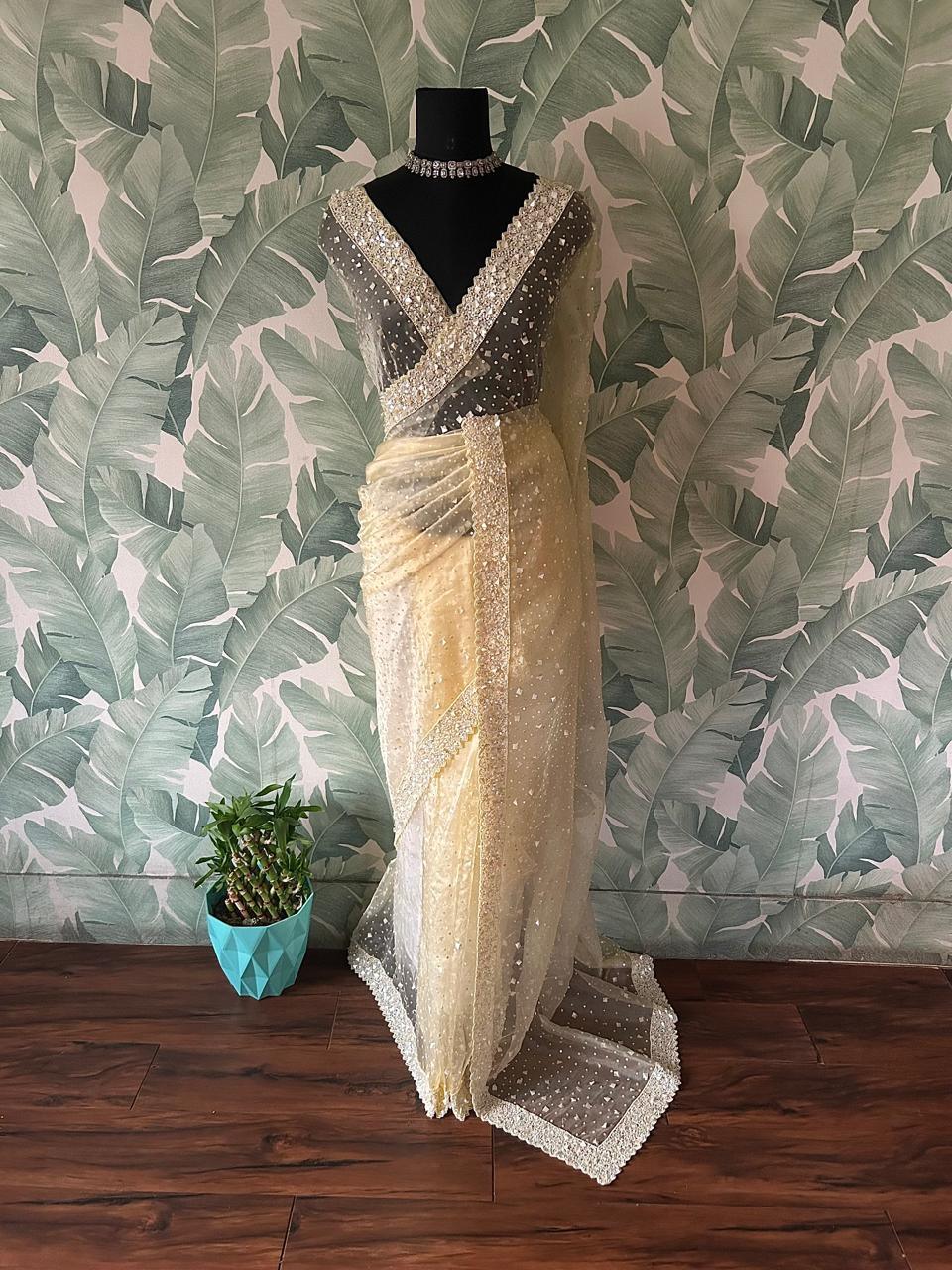 Organza Silk Saree, Yellow Colour, full view, elegant bridal wear comes with blouse