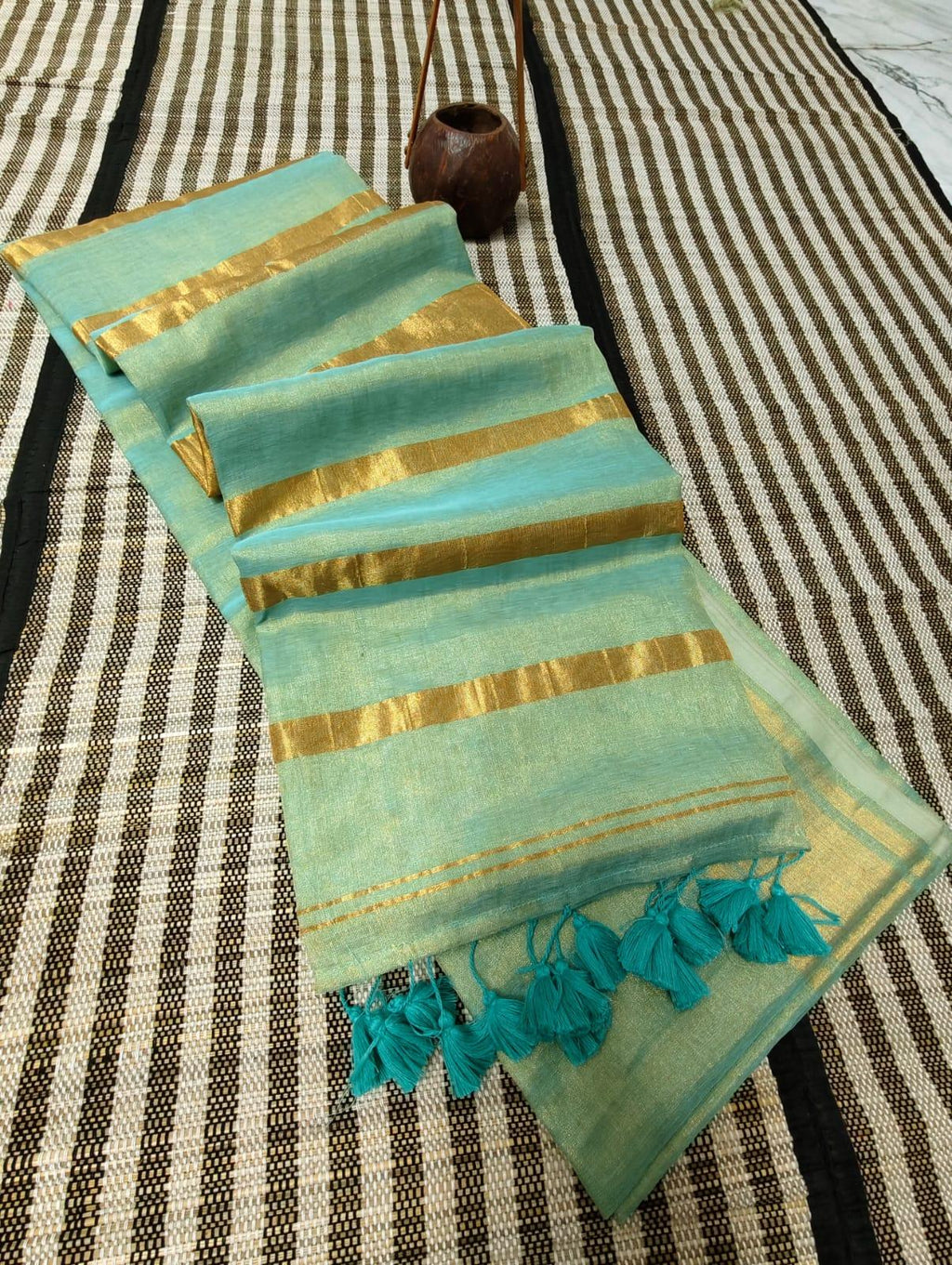 Tissue Silk Saree, emerald colour or green or blue colour, golden zari and embroidery