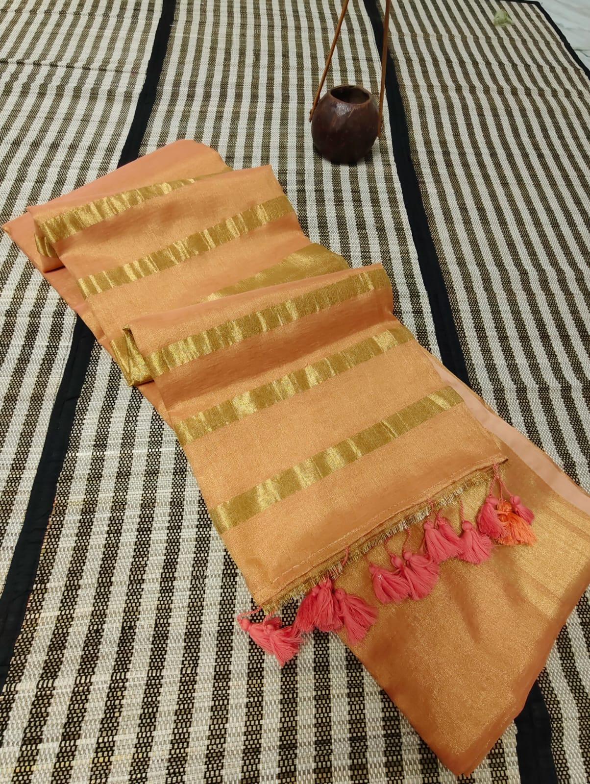 Tissue Silk Saree, Light Orange or Salmon colour, golden zari and embroidery